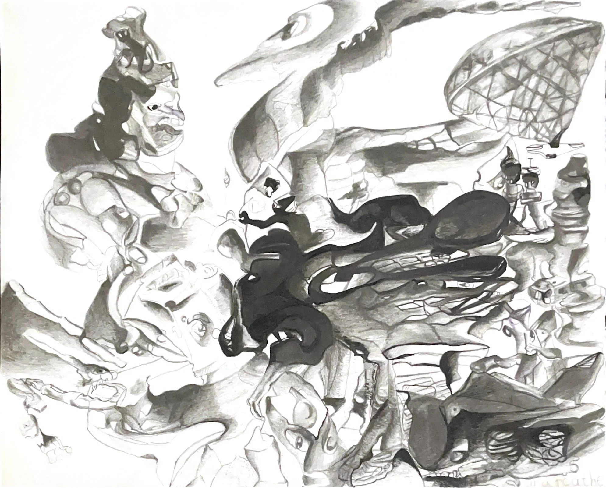 An abstract human figure defending himself from imaginary beasts.