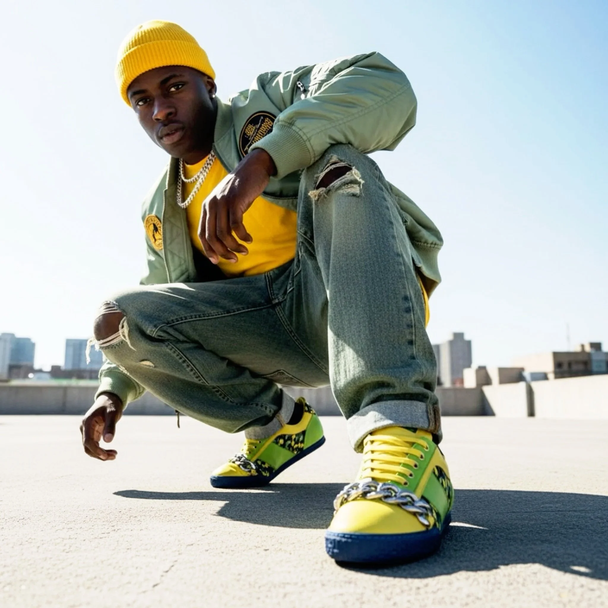 A pair of yellow and green designer sneakers with metallic chain details on the laces, positioned next to a black and white 'Mode du Point' shoebox.
