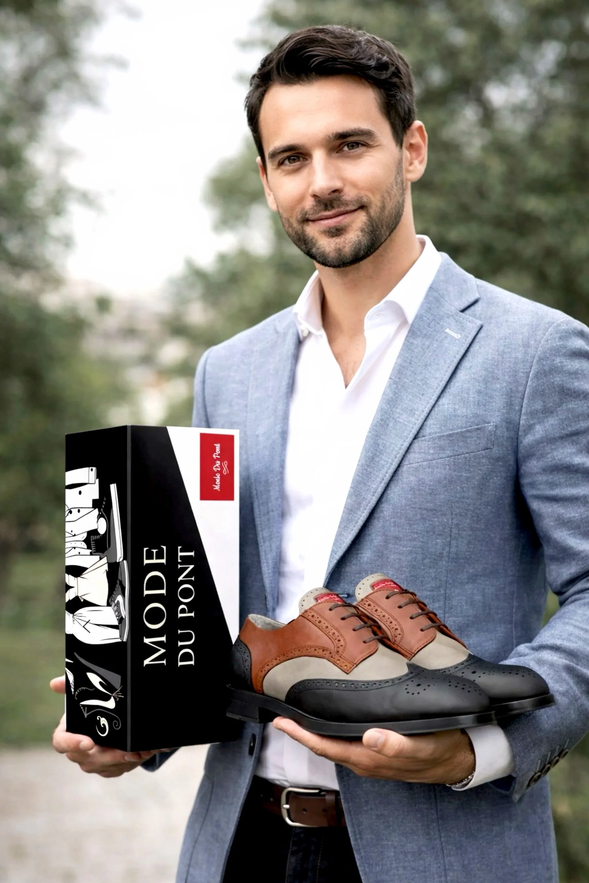 pair of black, tan, and white formal shoes next to a black box with white text and illustrations of men in suits