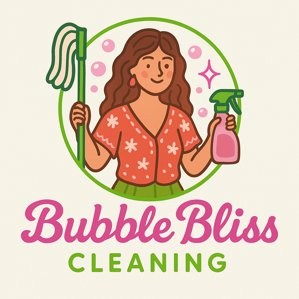 A woman with curly brown hair, wearing a red floral blouse, holds a mop in one hand and a spray bottle in the other, surrounded by bubbles and sparkles. The text below reads "Bubble Bliss Cleaning."