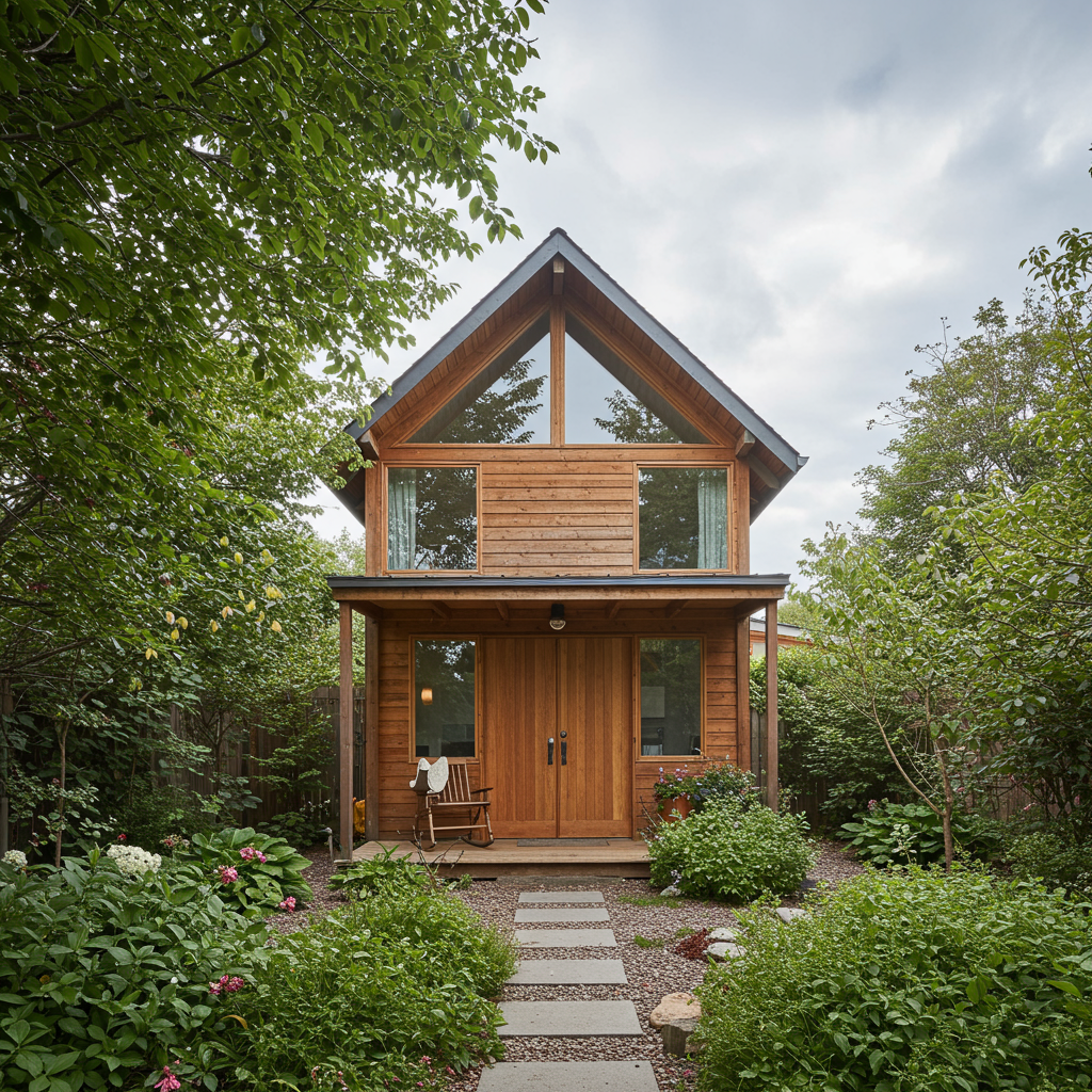 A two-story house made of wood with a gable roof, surrounded by lush green trees and plants, with a stone pathway leading to the front door.