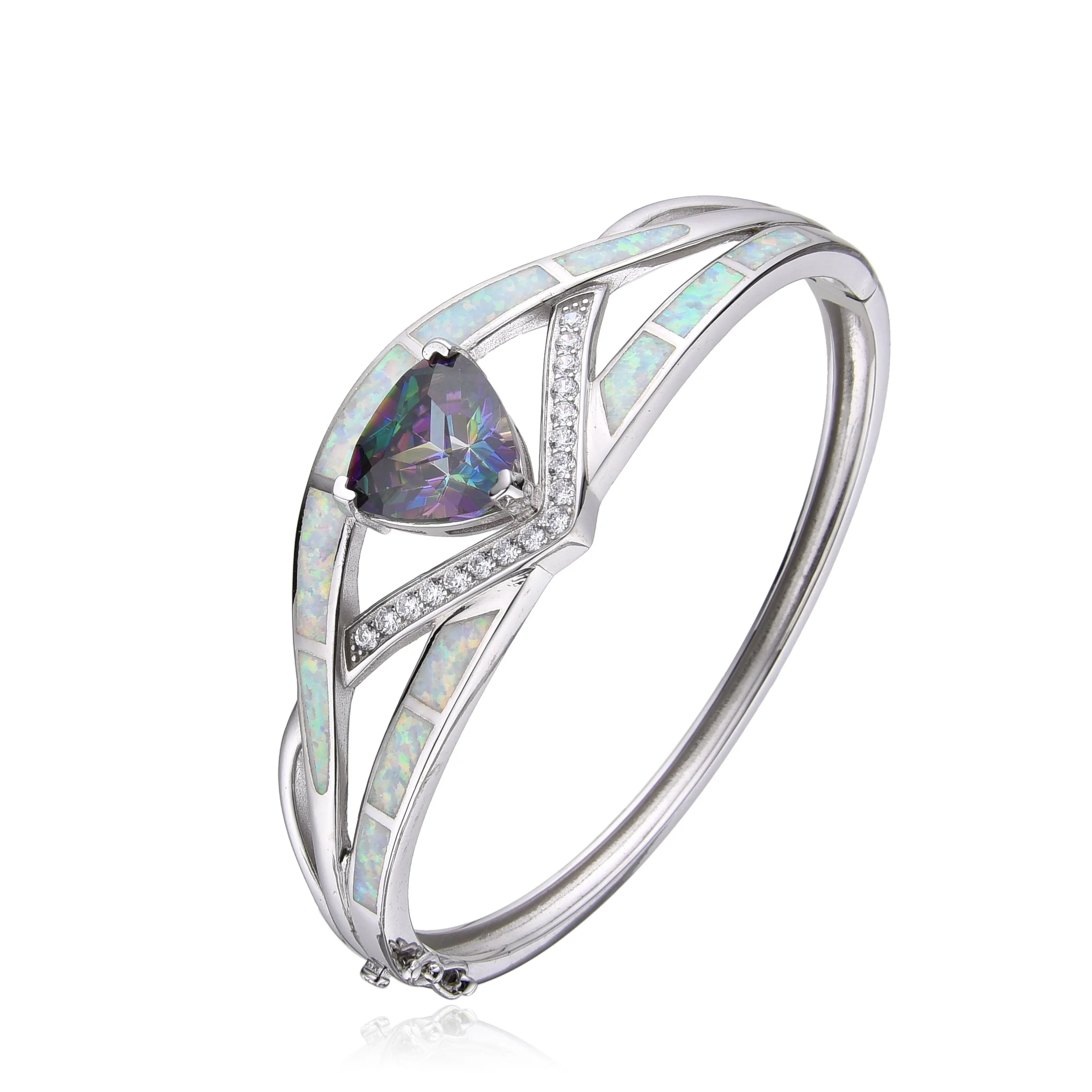 925 STERLING SILVER LAB GROWN INLAID SETTING WHITE OPAL  WITH CZ MYSTIC TOPAZ STONE BANGLE, 7.5 “= 57MM DIAMETER , 66070-K5