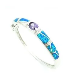 925 STERLING SILVER LAB GROWN INLAID SETTING BLUE OPAL  WITH CZ MYSTIC TOPAZ STONE BANGLE, 7.5 “= 57MM DIAMETER , 66OP02-K5