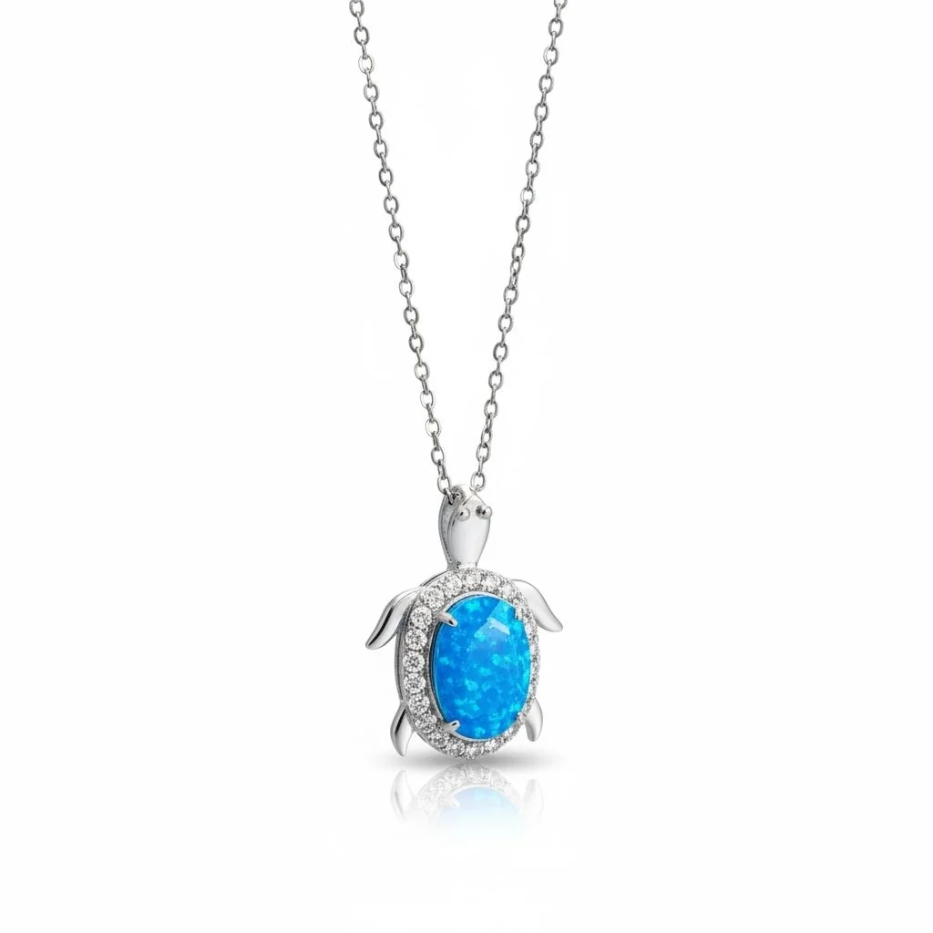925 Sterling Silver prong set, White and Blue Opal Turtle Pendant-33549-k5, 1 inch