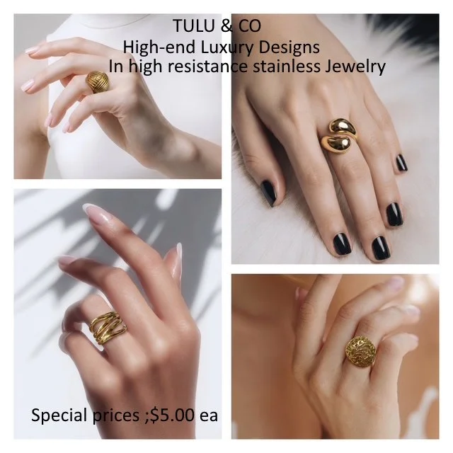 Collage of four close-up photos of hands showcasing various gold jewelry pieces, including rings and bracelets, with text promoting high-end luxury stainless jewelry from Tulu & Co, priced at $5.00 each.