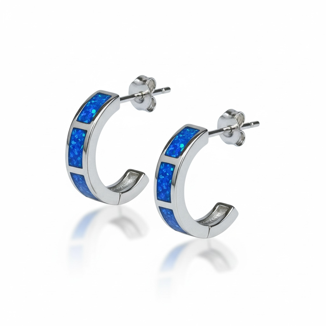 925 sterling silver Lab Grown inlaid setting Blue Opal Half hoop Earrings -22OP06-k5