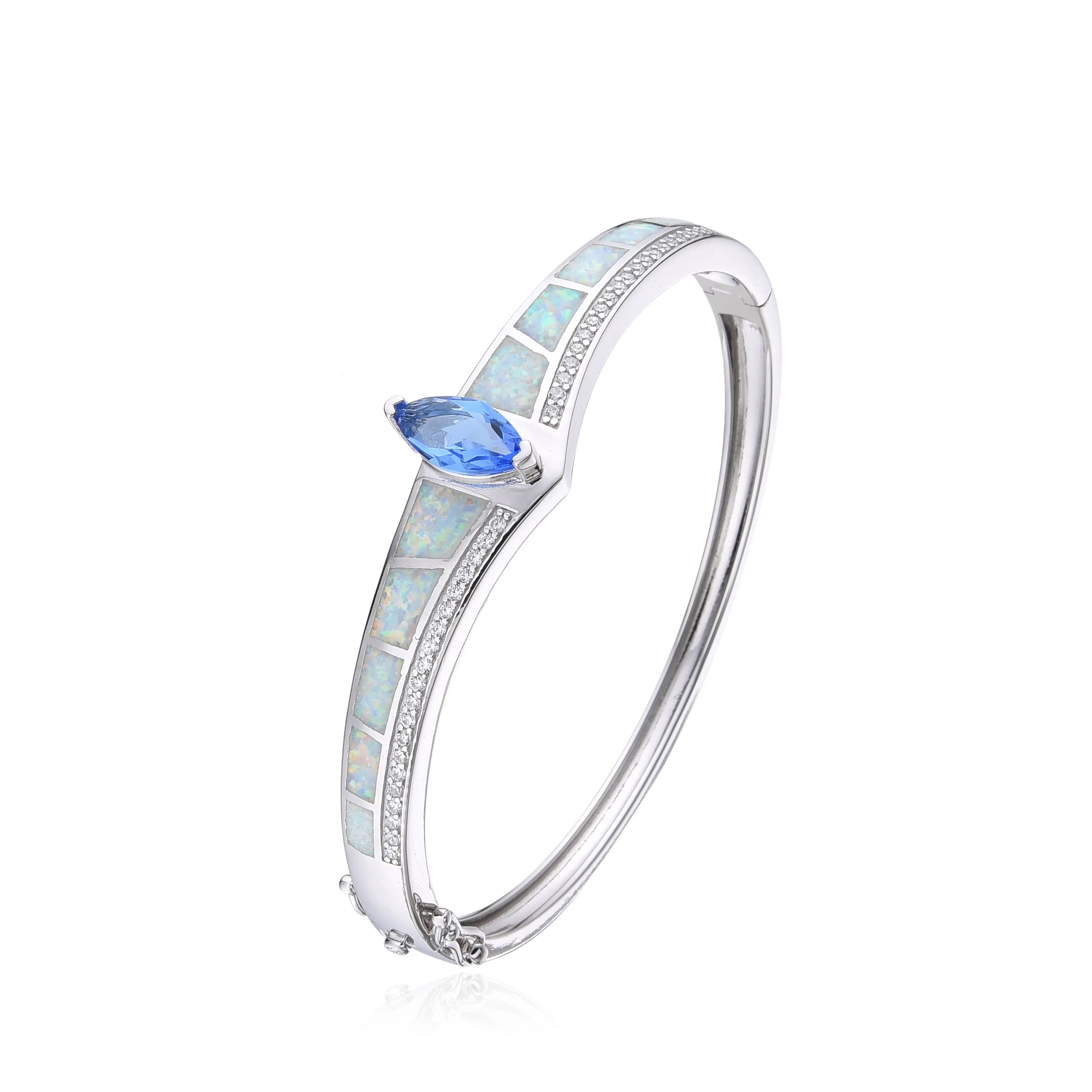 925 STERLING SILVER LAB GROWN INLAID SETTING WHITE OPAL  WITH CZ MYSTIC TOPAZ STONE BANGLE, 7.5 “= 57MM DIAMETER , 66064-K5