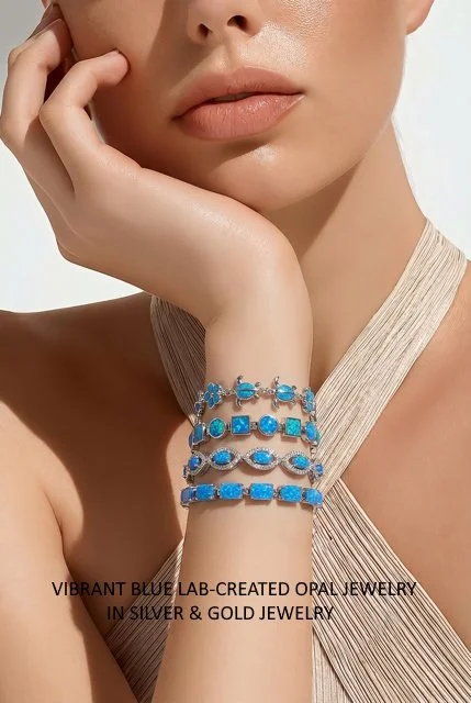 Close-up of a woman's face and hand showing multiple vibrant blue gemstone bracelets on her wrist