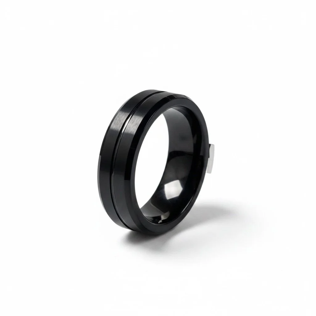 Black Tungsten Wedding band 8 mm , Grooved Black Ring-TNGR0003