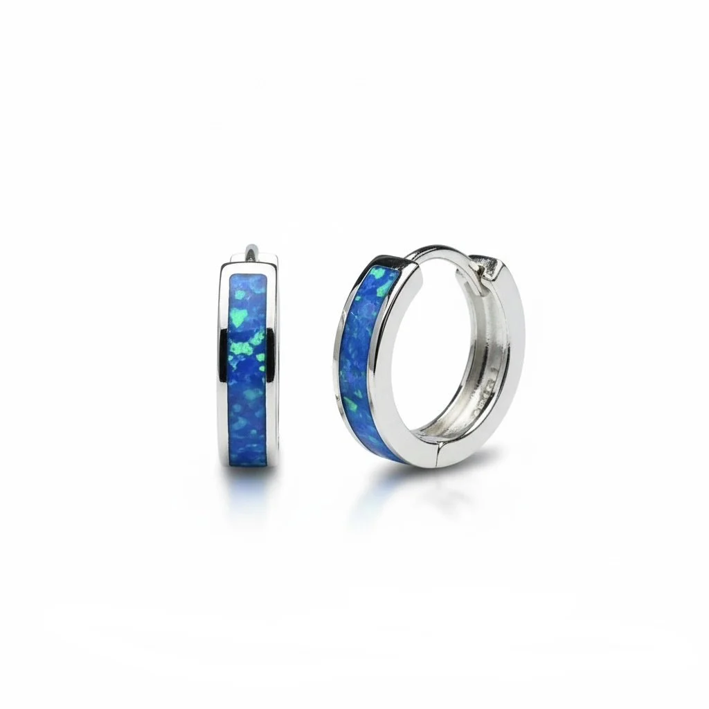 925 sterling silver Lab Grown Blue Opal Huggies  hoop Earrings $0.25 coin size  -22898-k17