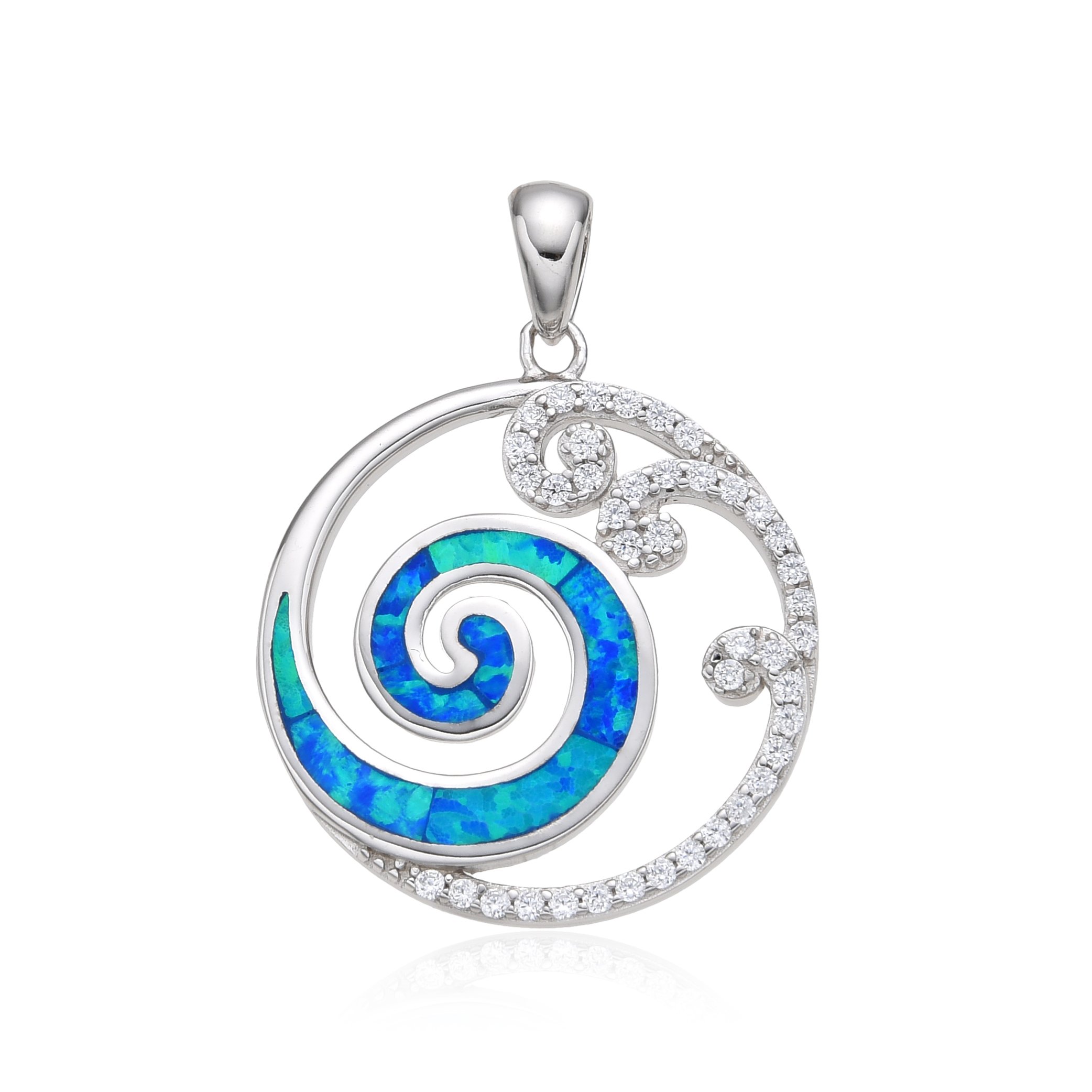 925 Sterling Silver Lab Grown Blue & White Opal coin wave Pendant-331238-33469-k5-k17