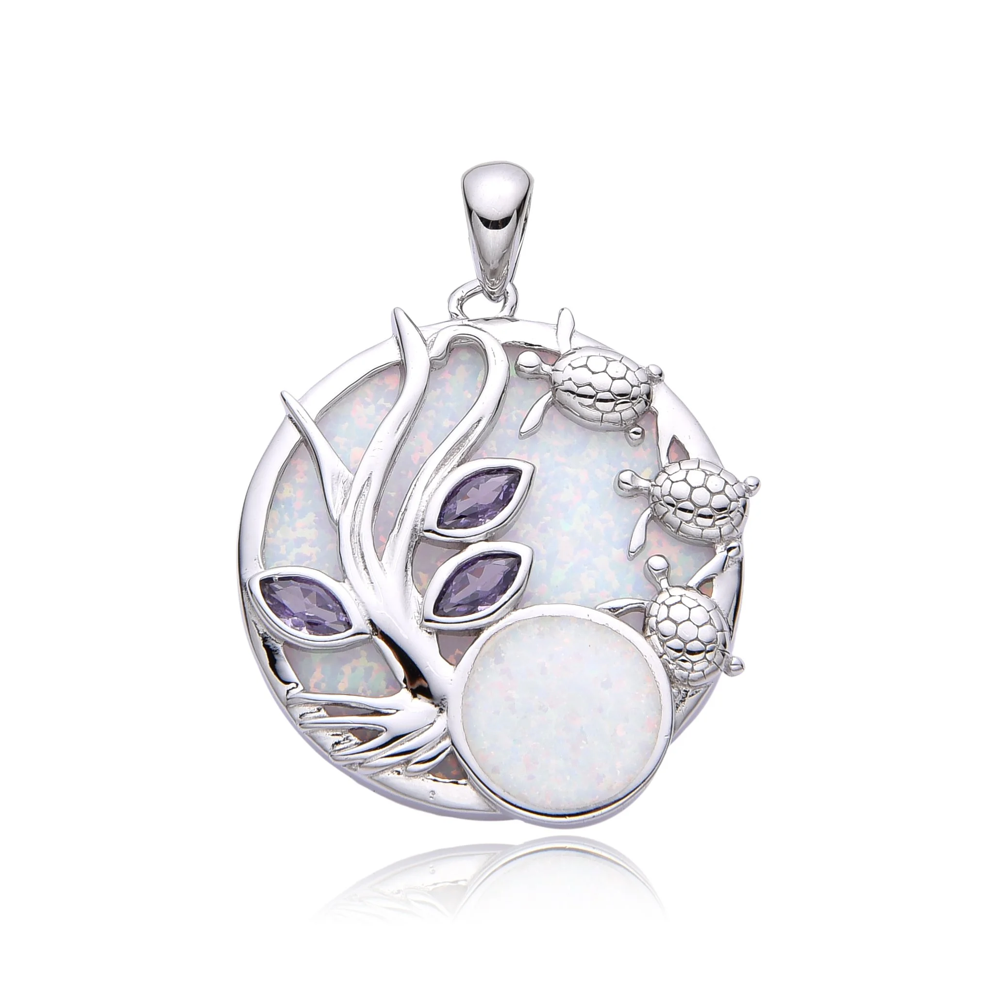 925 Sterling Silver Lab Created inlaid Blue Opal turtle ,tree of life  - 331013-k17