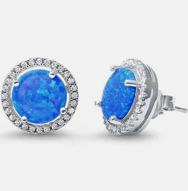 925 Sterling Silver Lab Grown Round Blue Opal Cubic Zirconia Halo Stud Earrings-22561-k5