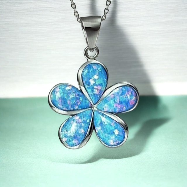 33OP01-14-K5-925 Sterling Silver Lab Grown Blue  and white Opal 14mm Plumeria Flower Pendant-33op01-14 (Copy)