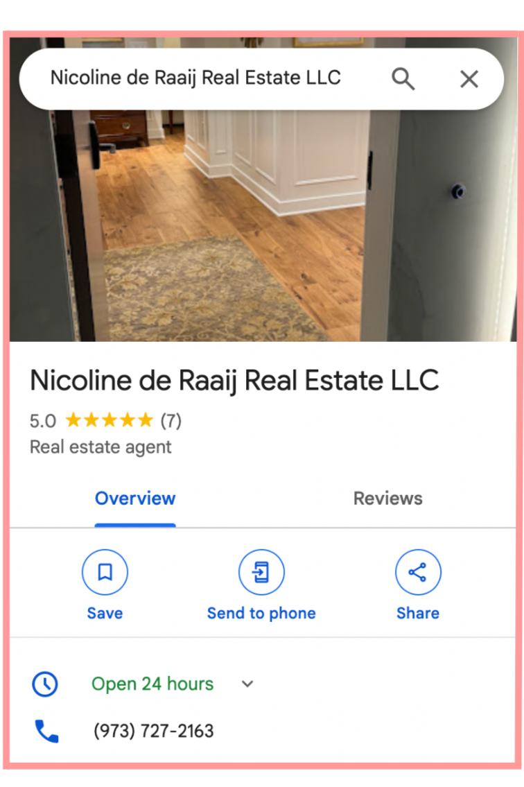 Screenshot of a real estate business listing for Nicline de Raaij Real Estate LLC. The image shows a partial view of a home interior with hardwood floors, a rug, and white paneled walls. The listing features a 5-star rating based on 7 reviews, with options to save, call, or share the listing, and indicates it is open 24 hours.