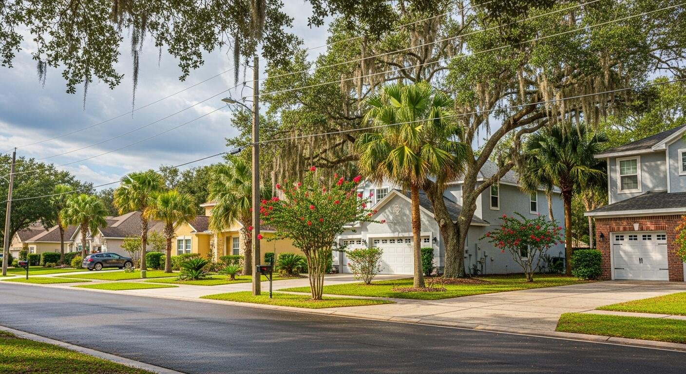 Suburban neighborhood street with colorful houses, lush green lawns, palm trees, flowering bushes, and large oak trees, under a partly cloudy sky.