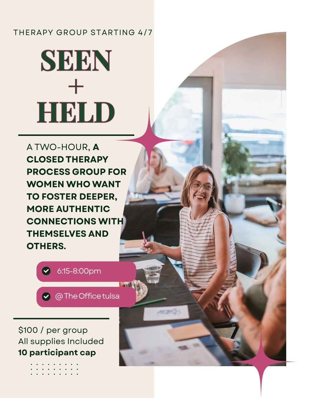✨NEW THERAPEUTIC OPPORTUNITY ✨ 

This closed, therapeutic process group will meet bi-weekly for 12 sessions with the purpose of fostering deeper, more authentic connections with ourselves and others. 

🤍 Group is limited to 10 participants (only 8 s