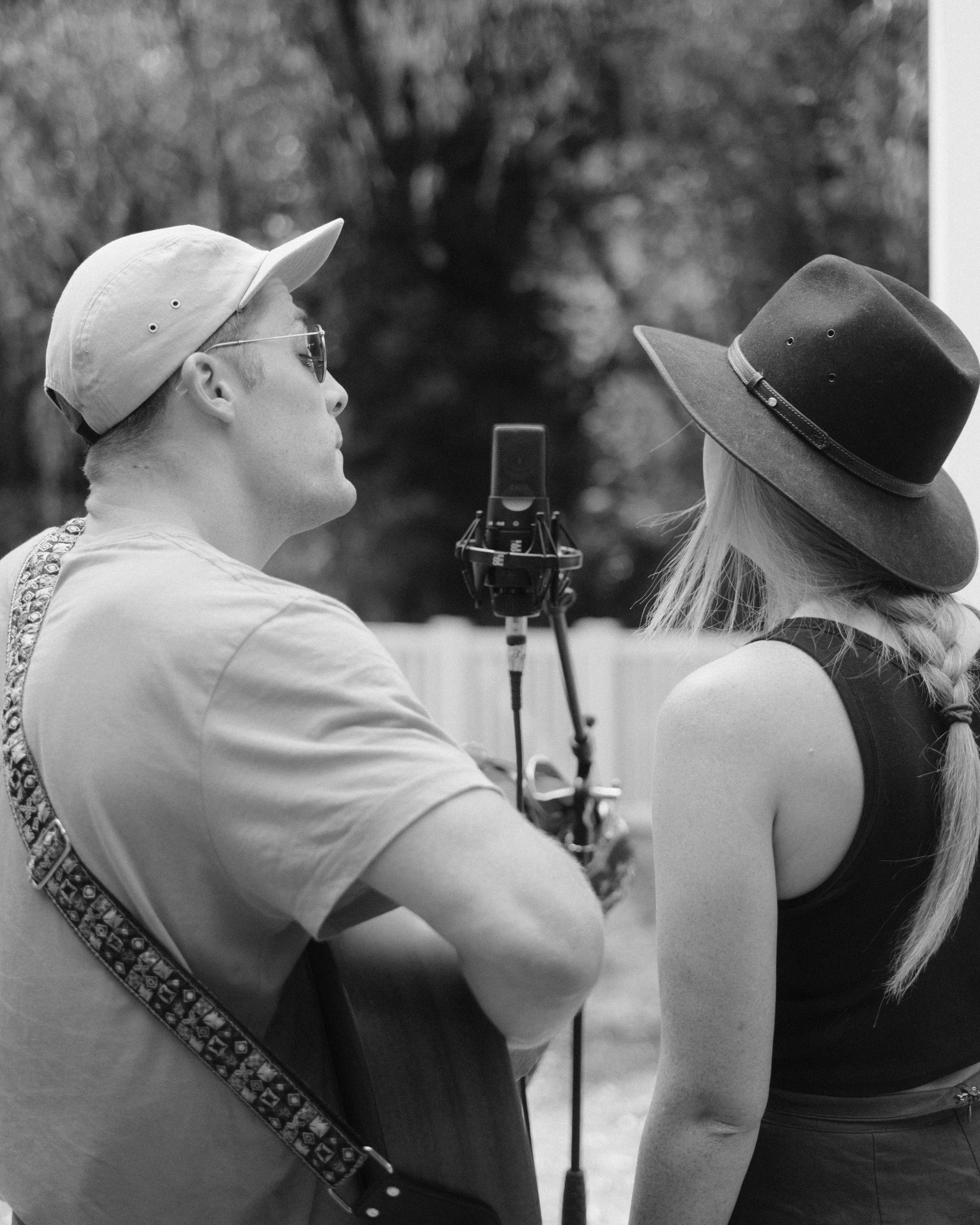 Woodfolk acoustic duo performing outdoors in Adelaide hills