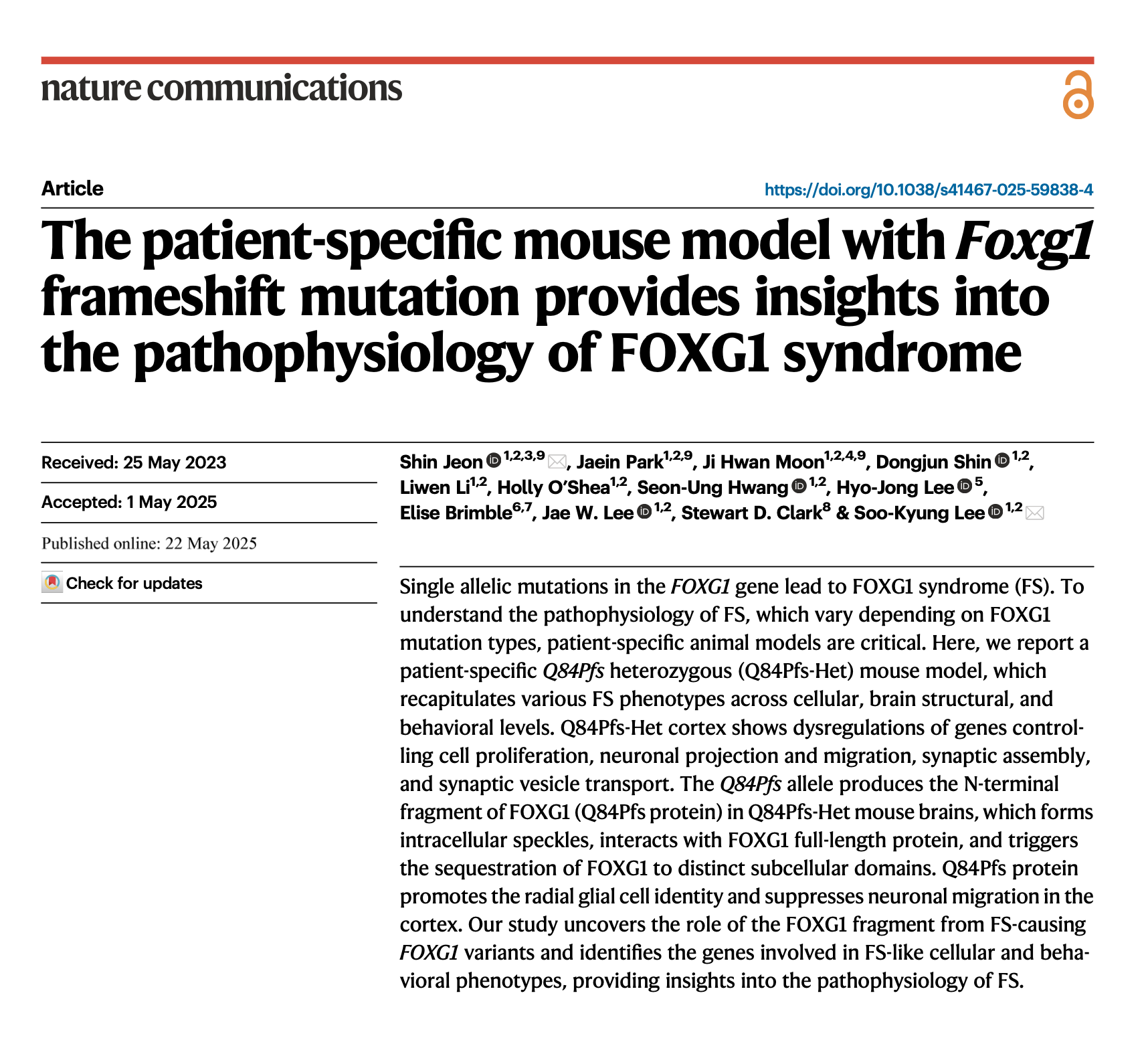 New FOXG1 Research Center Publication in Nature!