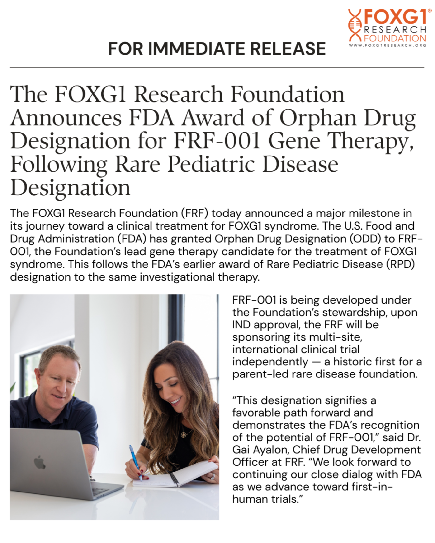 FDA Awards Orphan Drug Designation for FRF-001 Gene Therapy