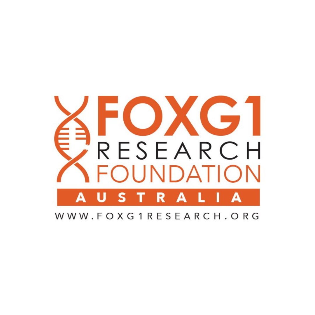Logo of the FOXG1 Research Foundation Australia, featuring a DNA helix graphic, with the foundation's name and website URL.