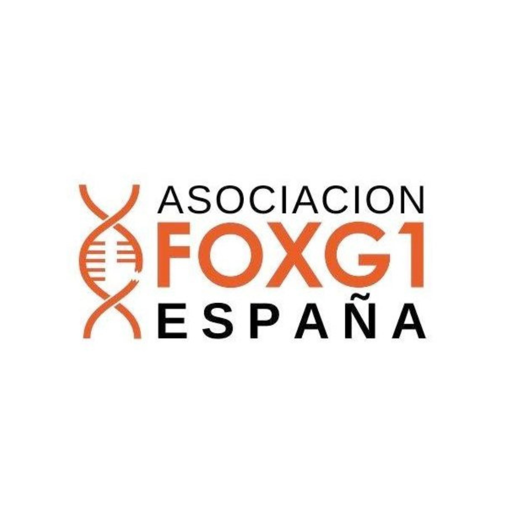 Logo of Asociación FOXG1 España featuring a DNA double helix illustration and text in black and orange.