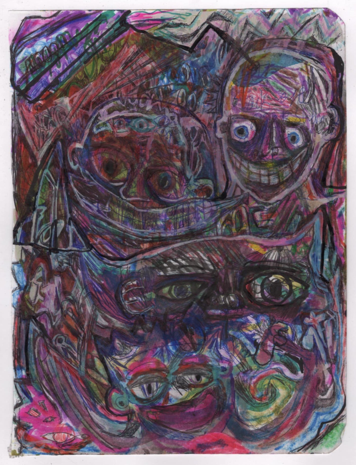 Colorful abstract artwork featuring distorted faces and figures, with vibrant hues and intricate patterns.