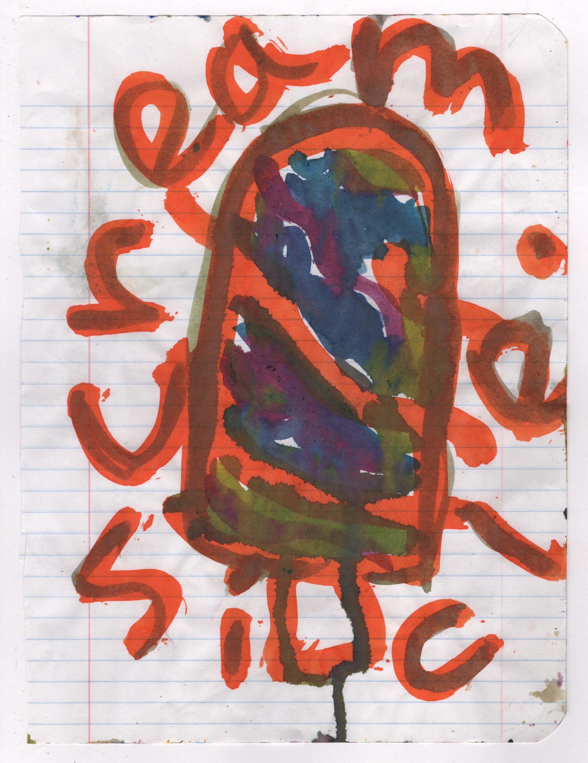 Child's watercolor painting of a popsicle with the words "dream sicle" in orange on lined paper.