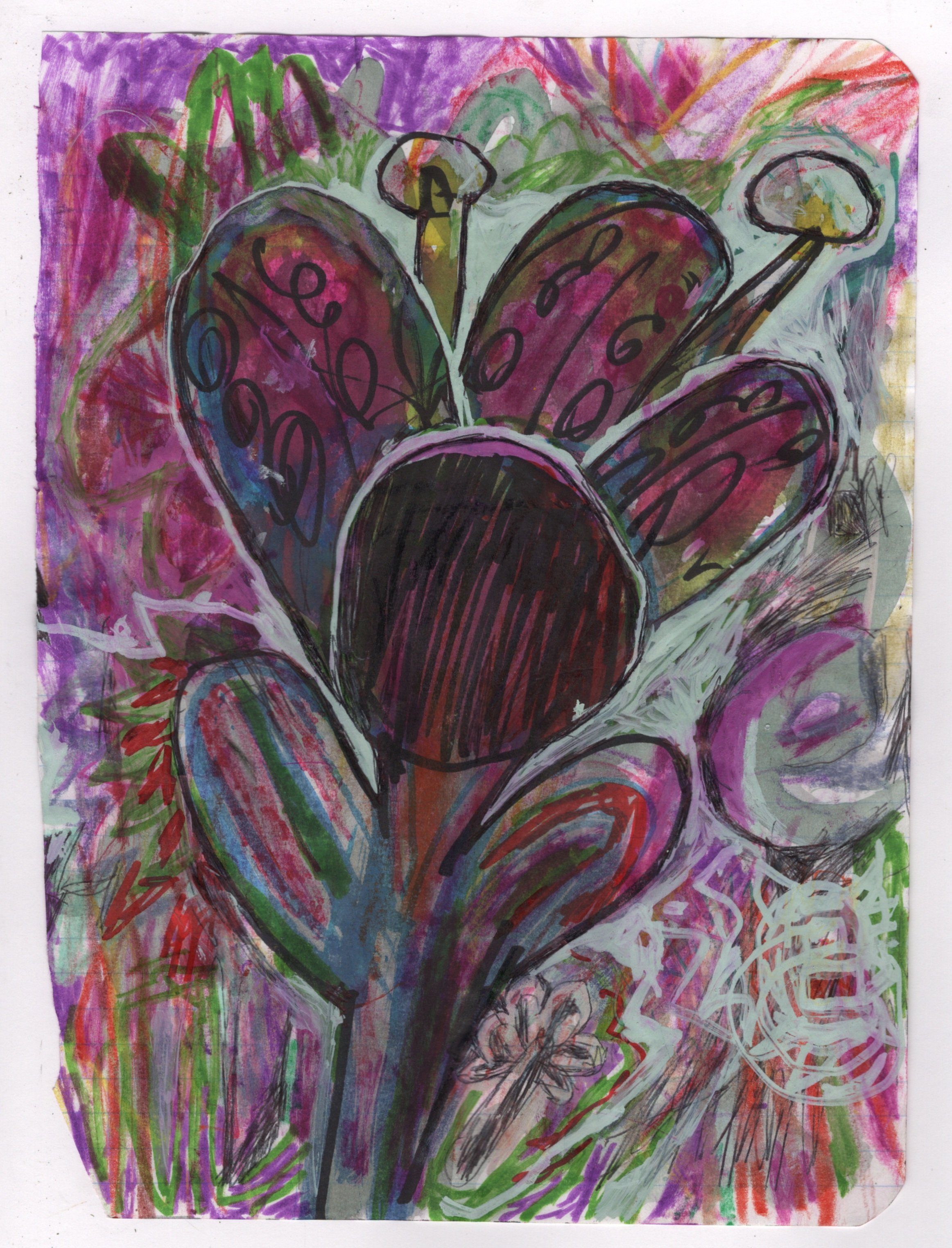 Colorful abstract drawing of a stylized flower with large petals in shades of purple, red, and green, surrounded by vivid background patterns and textures.