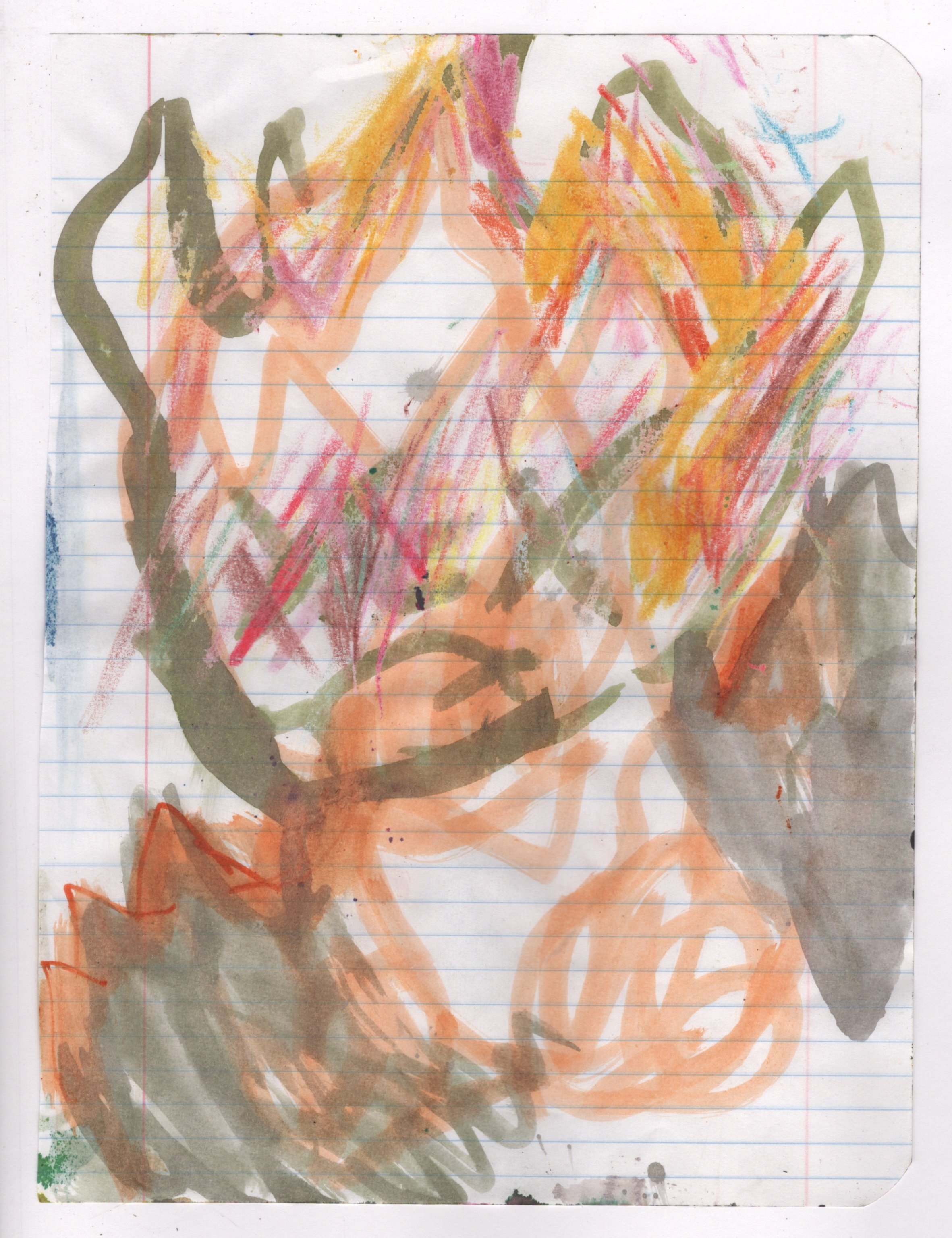Colorful abstract crayon and watercolor drawing on lined paper, featuring layered scribbles in orange, green, yellow, pink, and red.