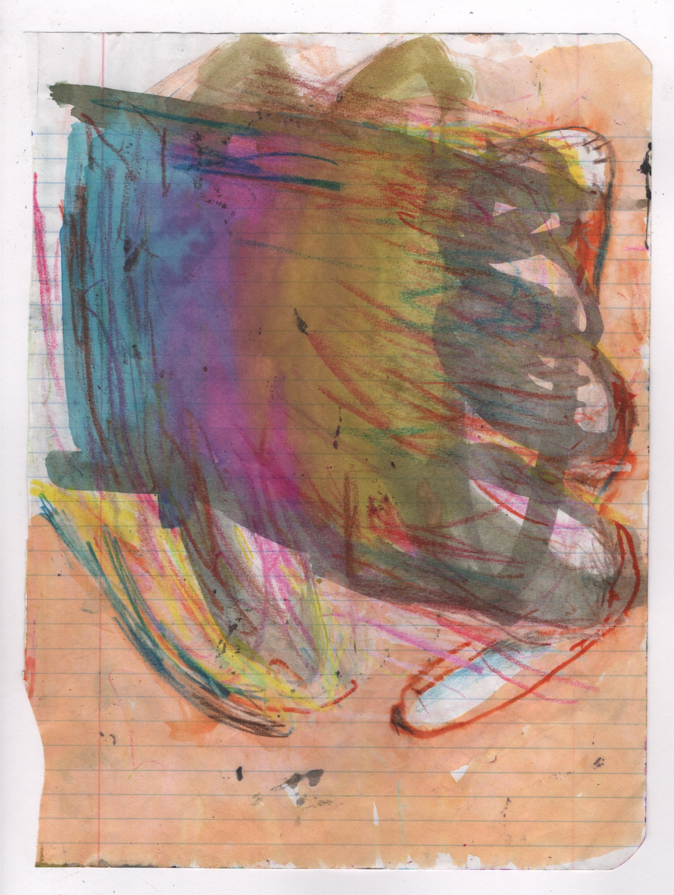 Abstract artwork on lined paper with colorful watercolor and crayon strokes in blue, orange, purple, and brown hues.
