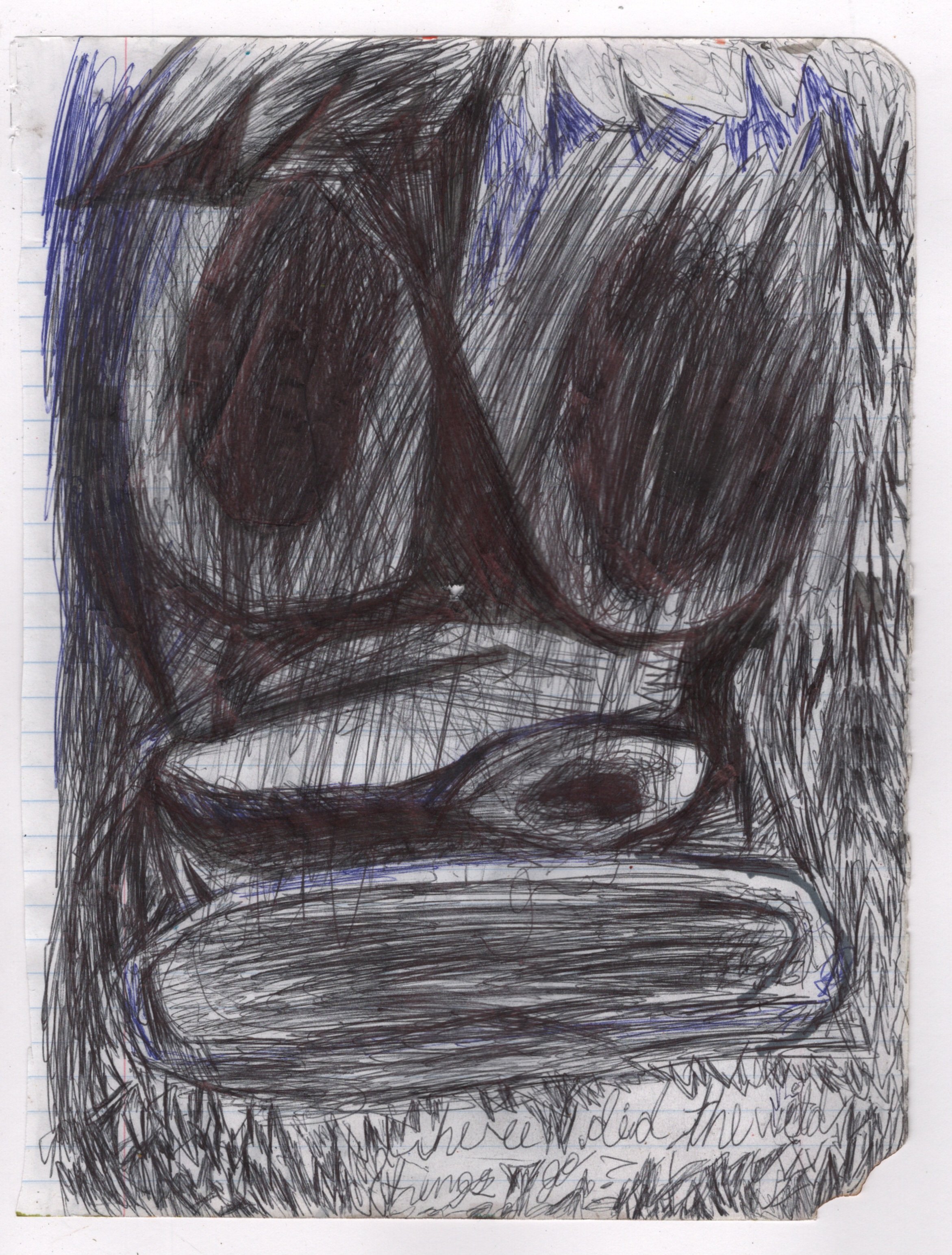 Abstract drawing of a distorted face with large eyes and oval-shaped mouth, created with dark scribbles and crosshatching on lined paper. Includes indecipherable handwritten text at bottom.