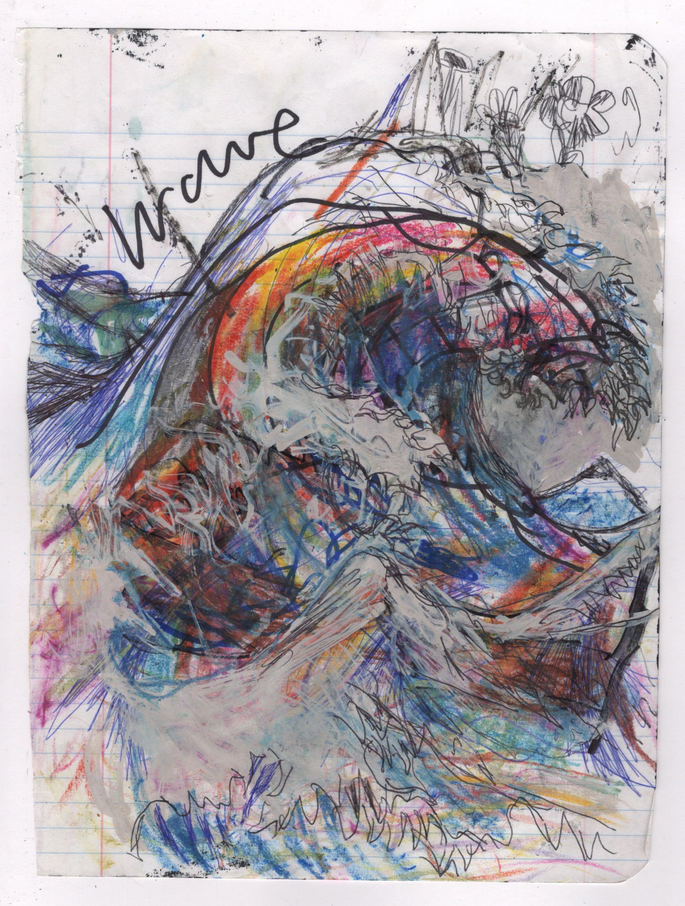 Abstract drawing of a wave with vibrant colors and scribbled text on lined paper.