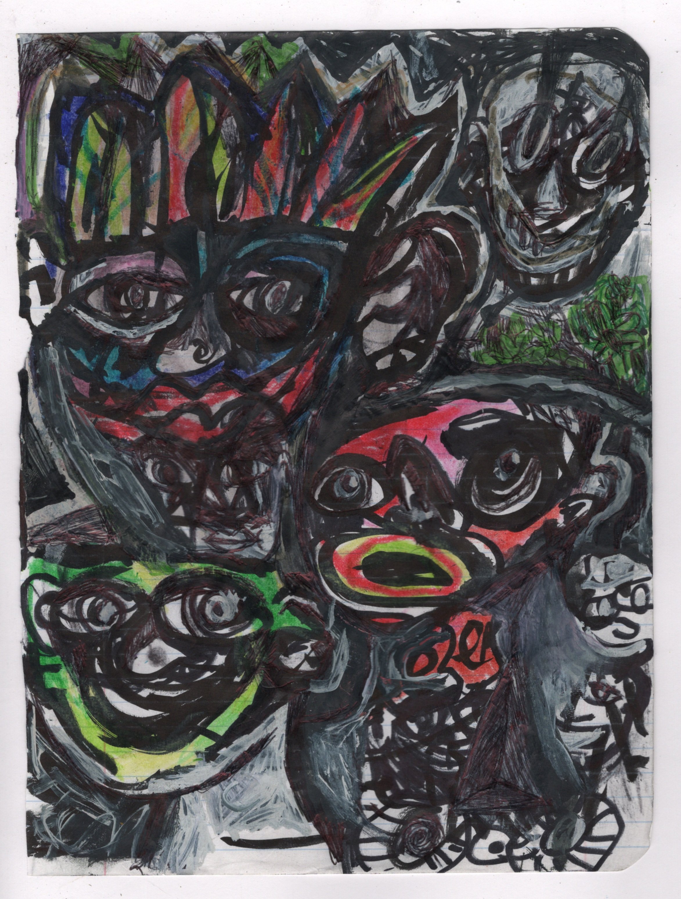 Abstract painting featuring multiple abstract faces with vivid colors such as red, green, and blue, with chaotic lines and patterns.