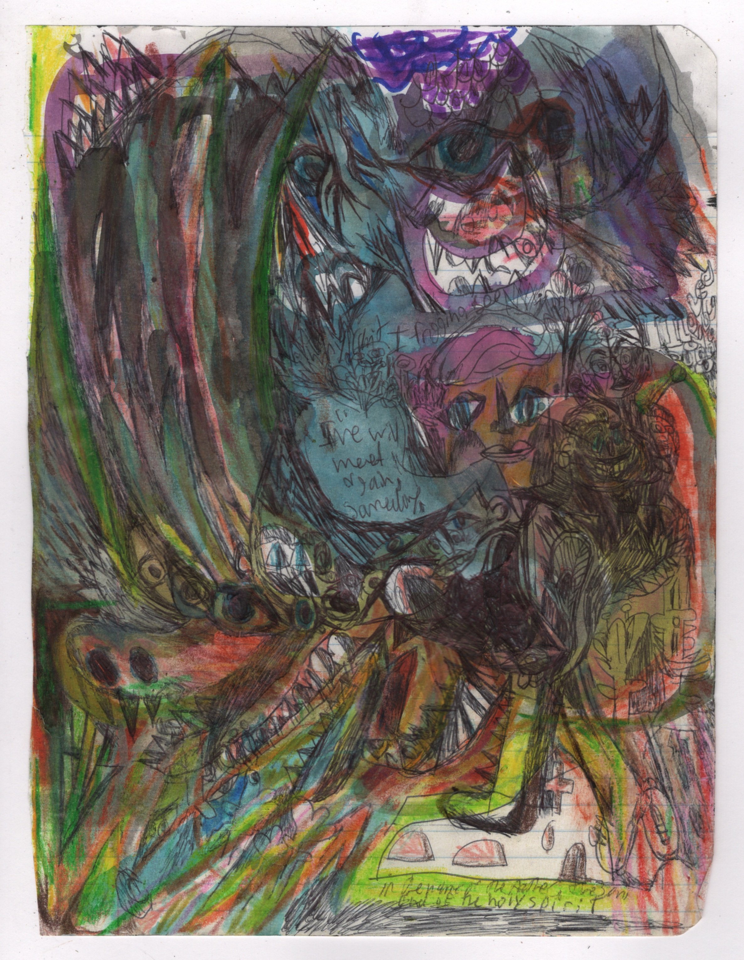 Abstract colorful drawing featuring a menacing creature with sharp teeth and exaggerated facial features, surrounded by chaotic lines and shapes, incorporating handwritten text.