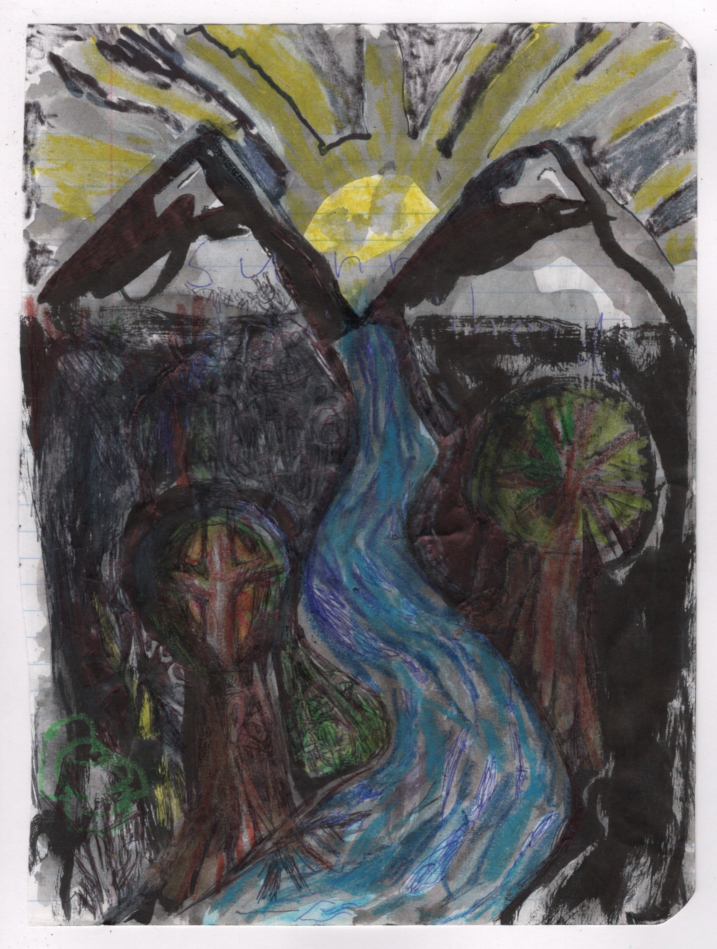 Abstract painting depicting mountains framing a bright yellow sun with rays, a flowing blue river, and stylized trees below. The composition has dark, moody colors with prominent black, brown, and green shades.