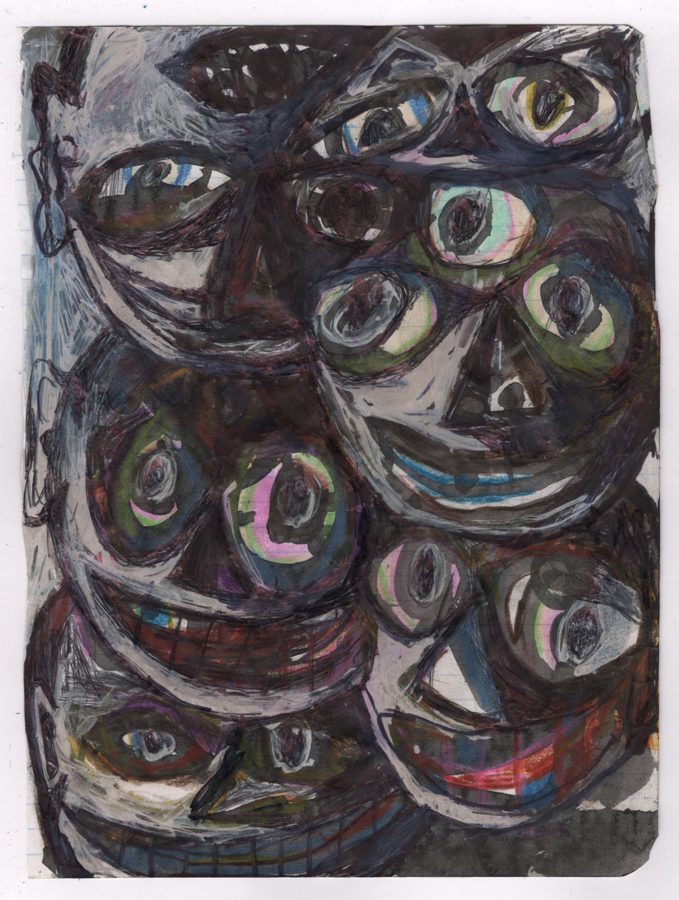 Abstract painting featuring multiple stylized faces with exaggerated eyes.