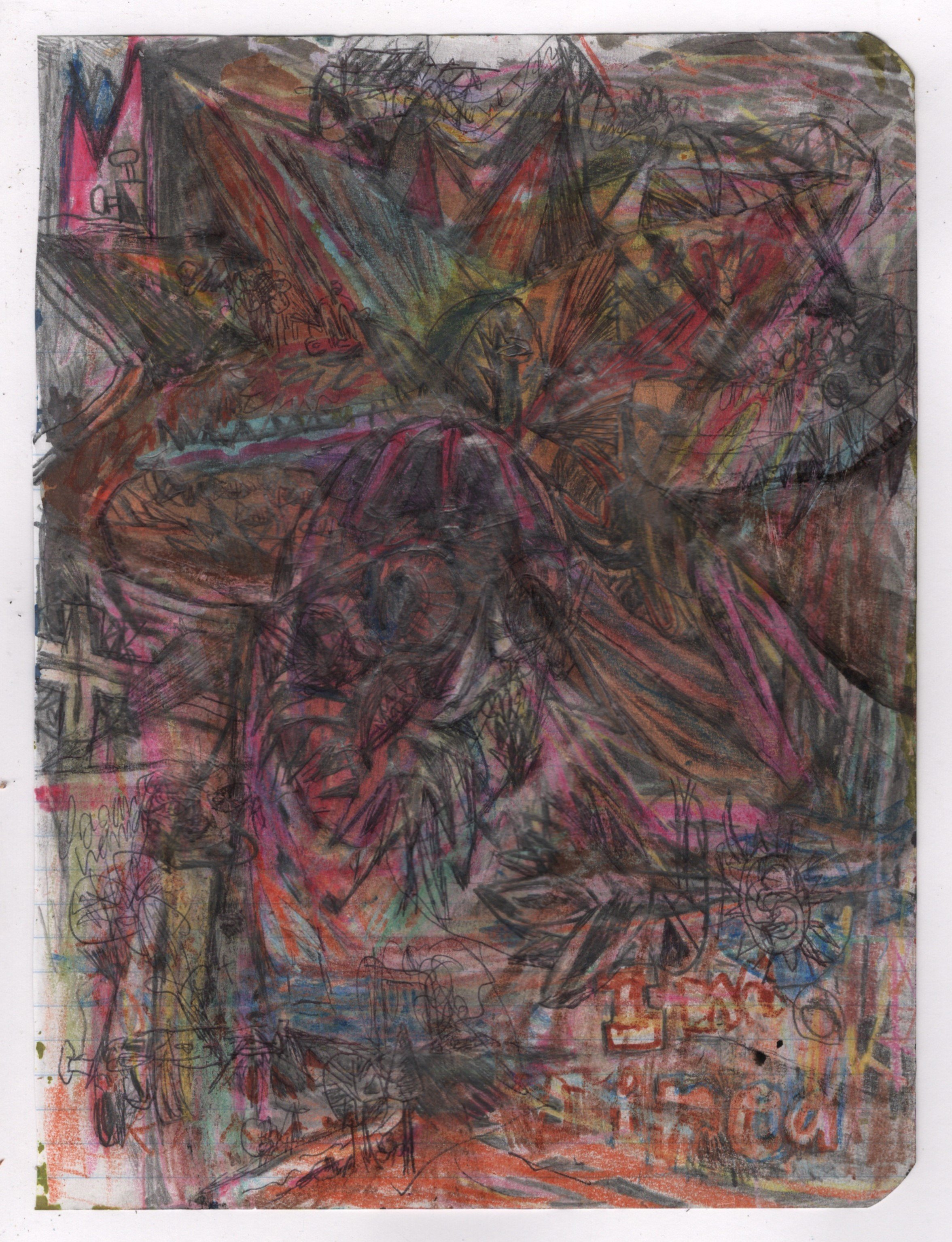 Abstract colorful sketch with overlapping geometric shapes and swirling lines, incorporating dark and vibrant hues with hints of red, purple, and green.