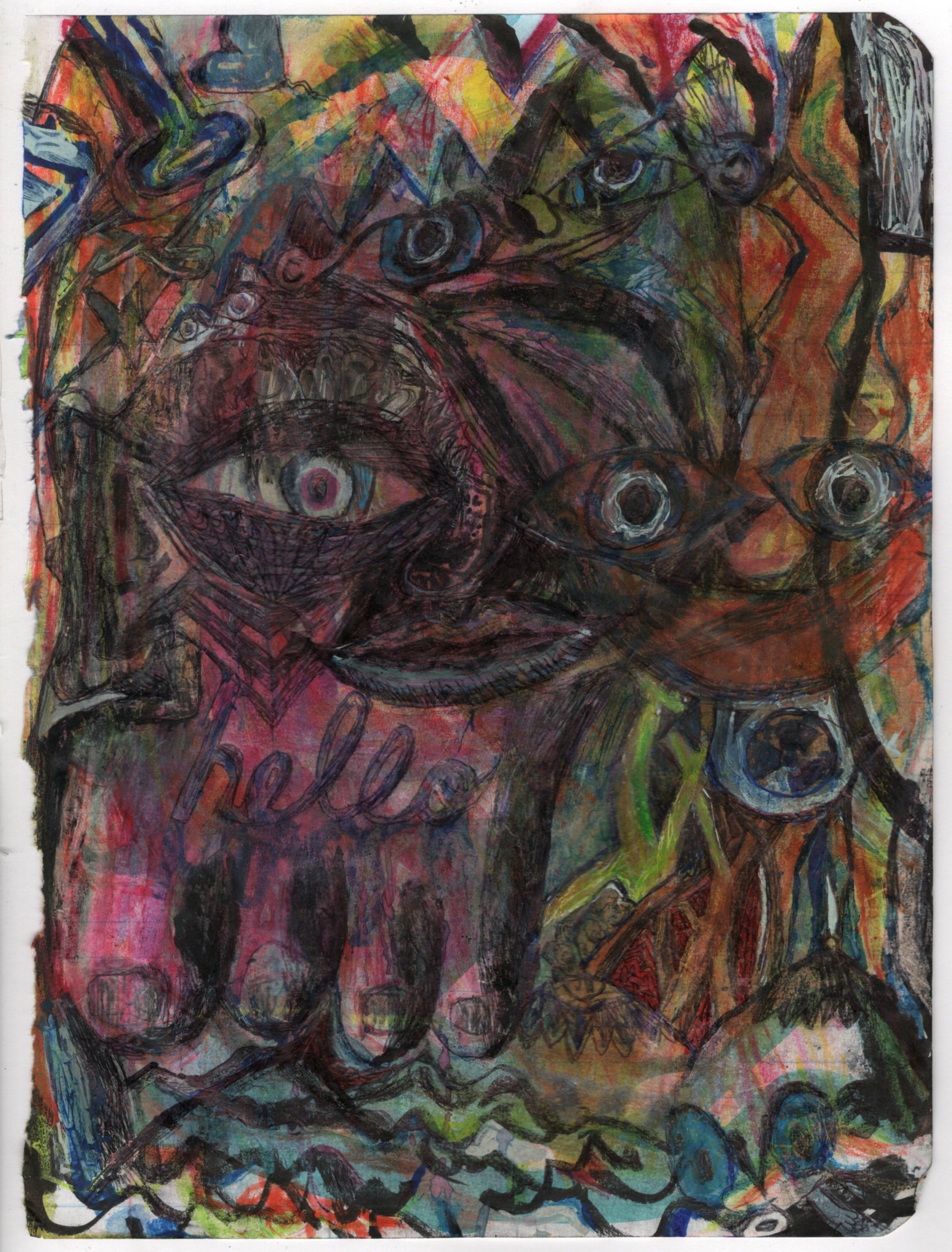 Abstract mixed media painting featuring eyes, faces, and the word 'hello' in a colorful, chaotic arrangement.