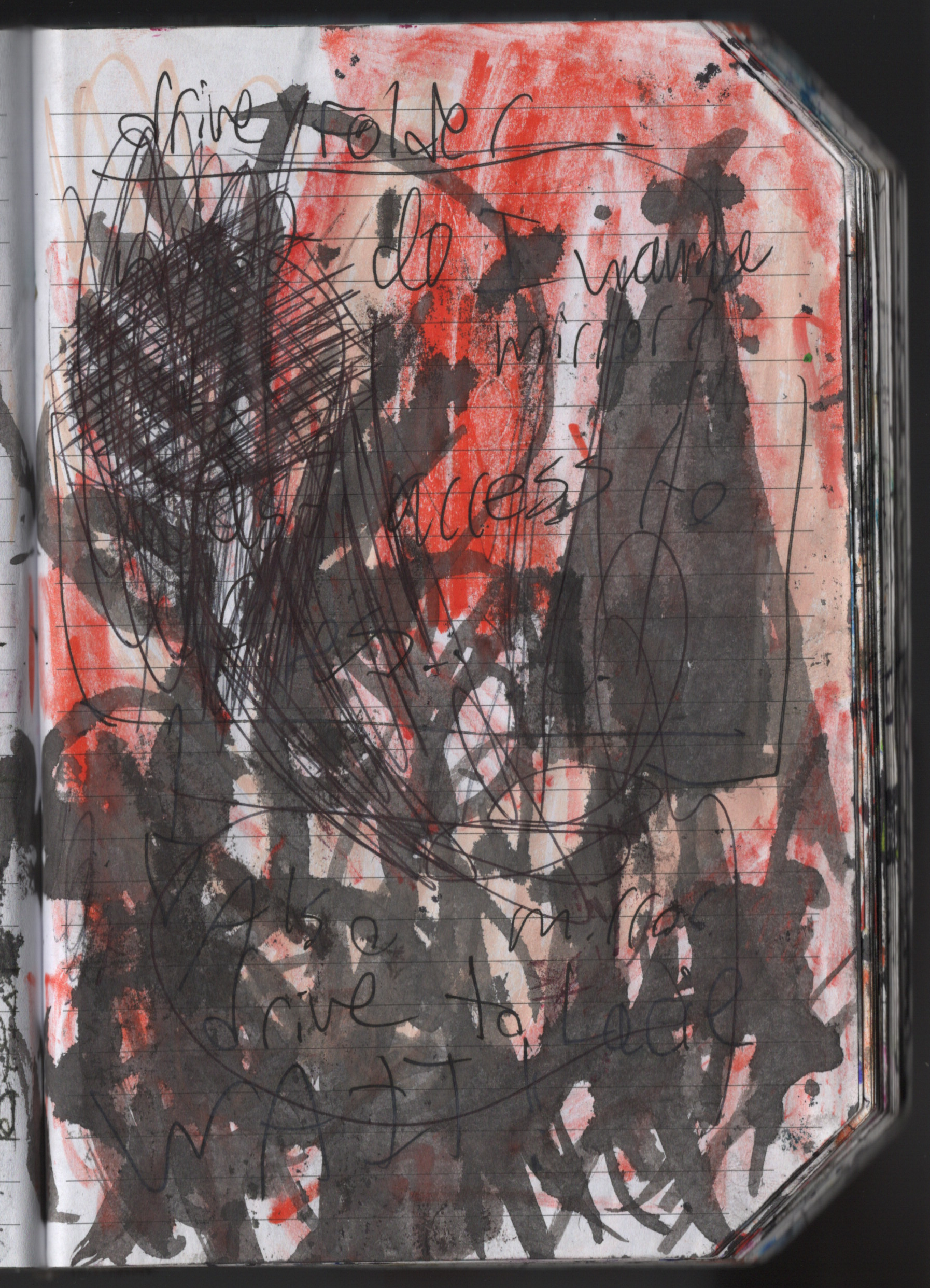 A scribbled notebook page with black and red ink, featuring abstract shapes and partially legible handwriting. Some words like "online folder," "access," and "drive" are visible amidst the chaotic design.