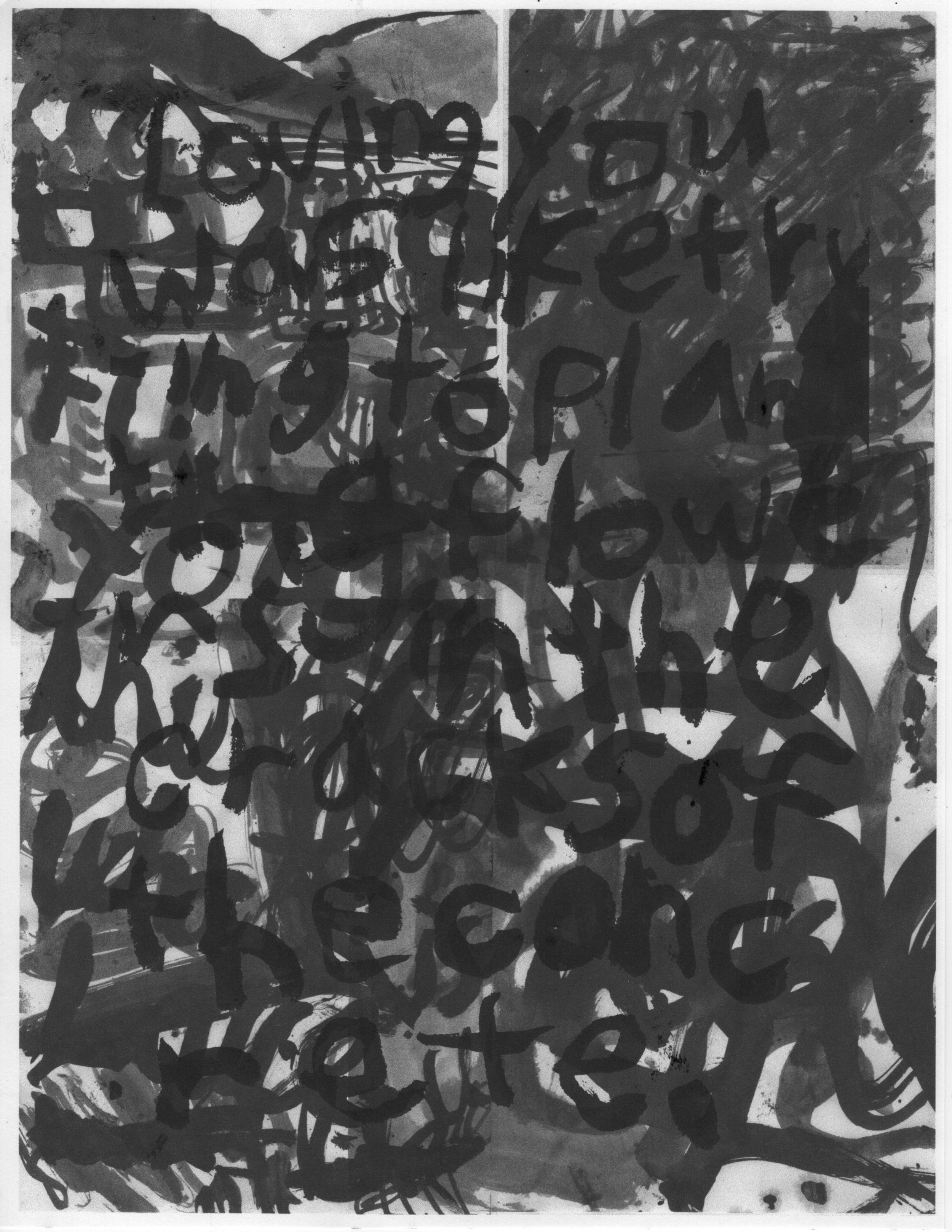 Loving you was like trying to plant flowers in the cracks of concrete, 2023, India ink, inkjet on paper, 8.5"x 11"