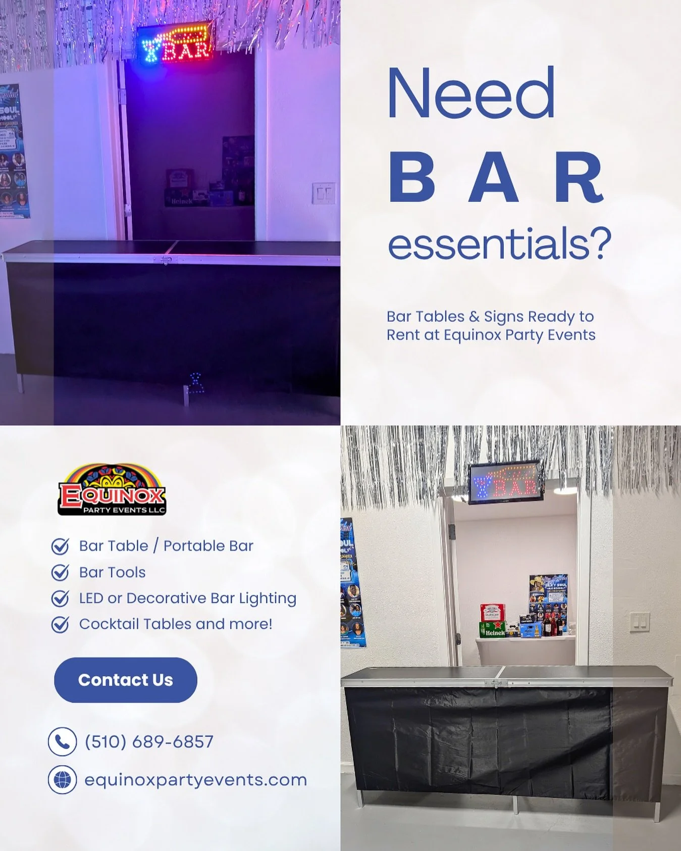 Raise the bar at your next event with Equinox Party Events! 🍸✨ From portable bar tables and cocktail stations to elegant glassware and ice buckets, we&rsquo;ve got every bar essential you need to serve in style. Whether it&rsquo;s a wedding, corpora