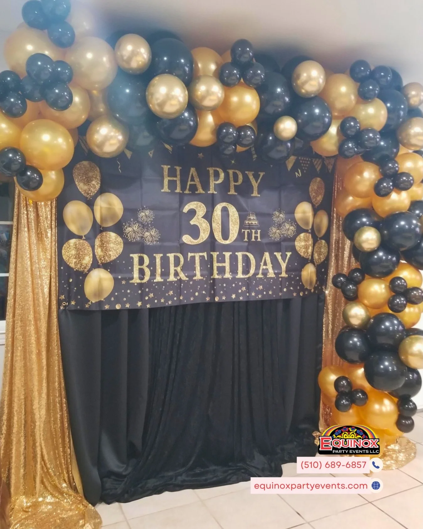Elevate the spirit and joy of your celebration with a backdrop that truly shines. This 30th birthday setup features a custom balloon garland and elegant draping, designed to transform your moment into a memorable experience. 

At Equinox Party Events