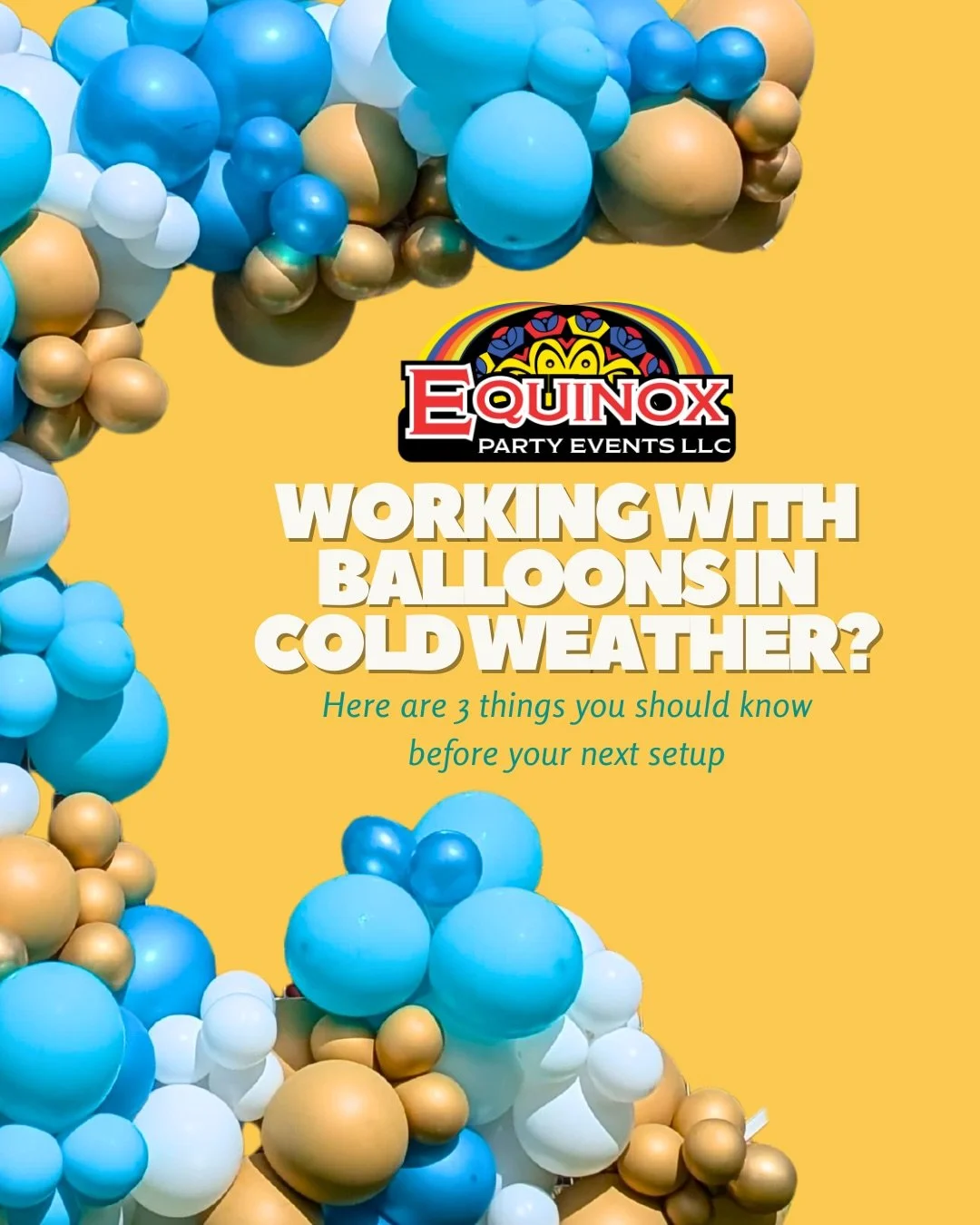 Working with balloons in cold weather? Here are 3 things you should know before your next setup:

1. Balloons shrink in the cold

2. Cold temperatures increase popping risk

3. Temperature changes matter

Pro tip: Always plan cold-weather installs wi