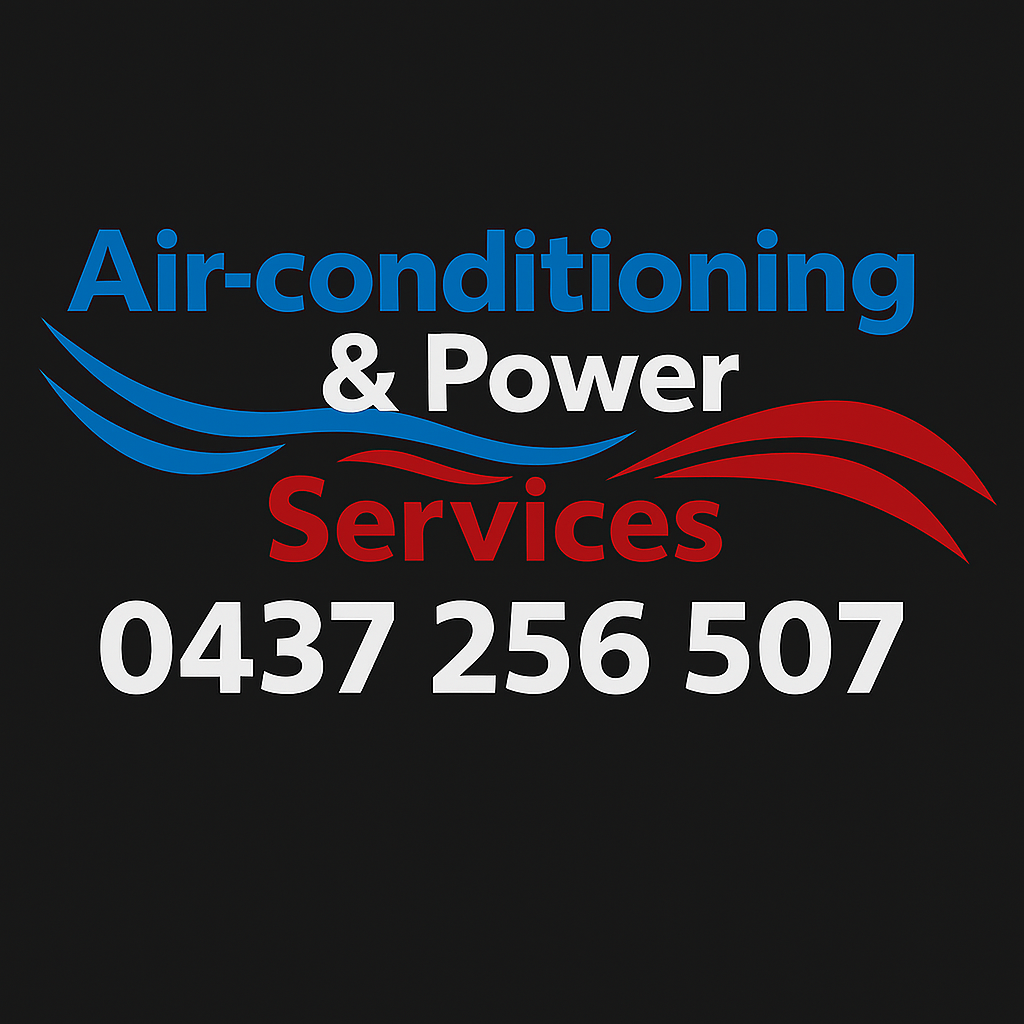Sign for air conditioning and power services with phone number 0437 256 507 on a black background.
