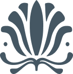 Stylized blue flower with symmetrical petals and curved lines.