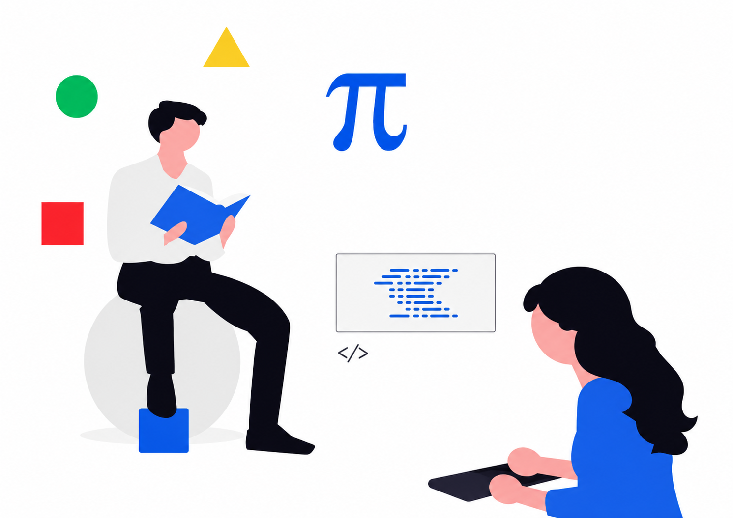 Two illustrated people in a discussion about coding or programming. One person is sitting on a cube and reading a book, with colorful geometric shapes around him. The other person is sitting on the floor, holding a tablet. There is a screen with blue code snippets and a large blue pi symbol above them.