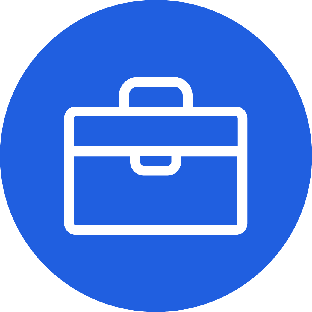 White briefcase icon on a blue circular background