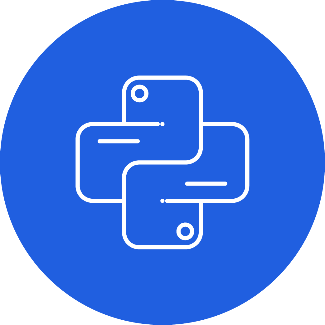 Icon of the Python programming language with interconnected rectangles and circles on a blue background.