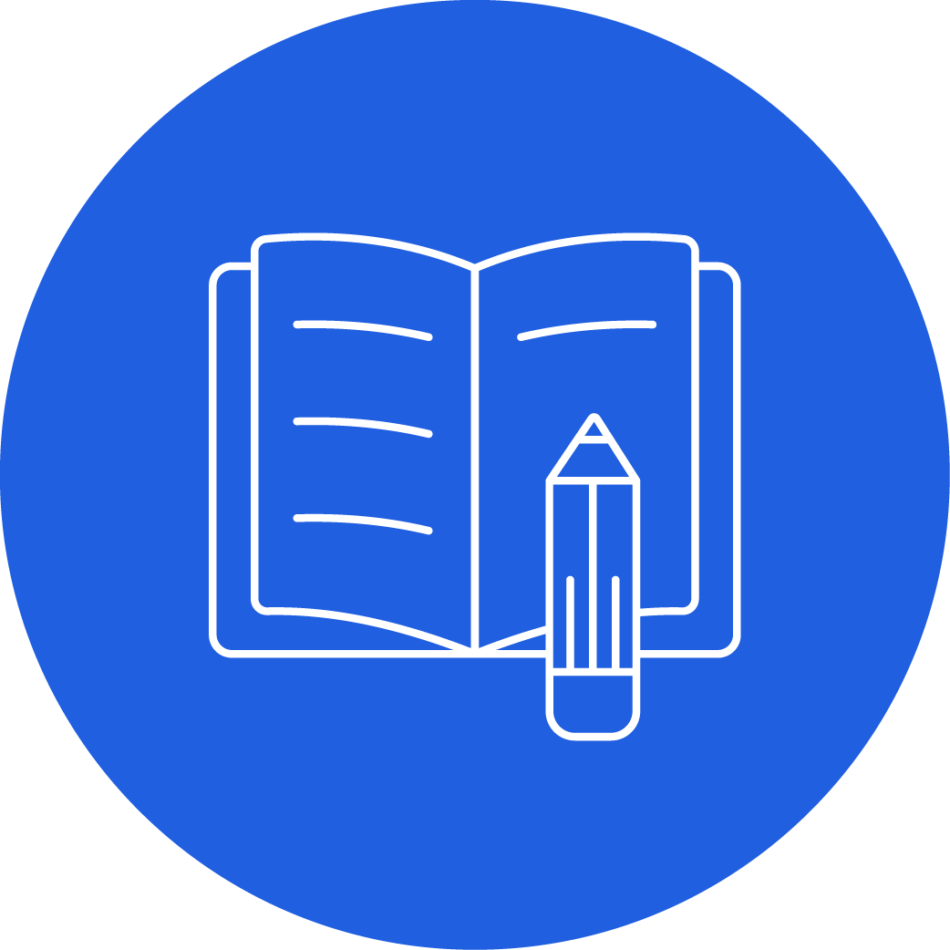 Icon of an open book with a pencil on a blue background.